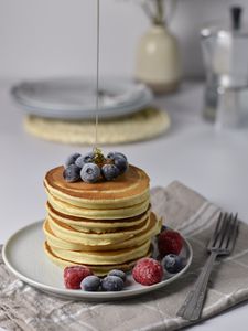 Preview wallpaper pancakes, blueberries, raspberries, berries, honey, dessert