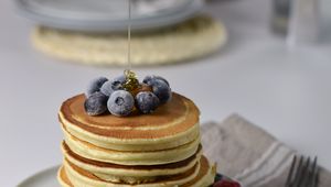 Preview wallpaper pancakes, blueberries, raspberries, berries, honey, dessert