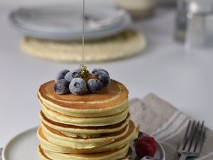 Preview wallpaper pancakes, blueberries, raspberries, berries, honey, dessert
