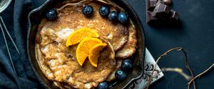 Preview wallpaper pancakes, breakfast, berries, chocolate, fruit, blueberries