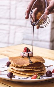 Preview wallpaper pancakes, dessert, fruit, chocolate, hand