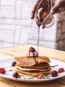 Preview wallpaper pancakes, dessert, fruit, chocolate, hand