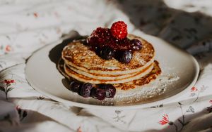 Preview wallpaper pancakes, dessert, pastries, raspberries, blueberries, breakfast, berries