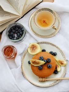 Preview wallpaper pancakes, figs, tea, pastries, blueberries, plate, table