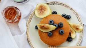 Preview wallpaper pancakes, figs, tea, pastries, blueberries, plate, table