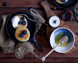 Preview wallpaper pancakes, fruit, bowl, blueberries, sour cream, honey