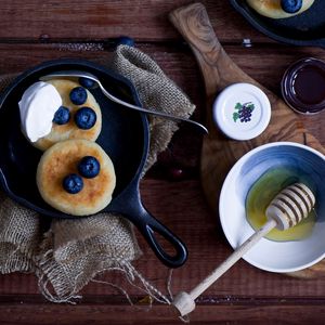 Preview wallpaper pancakes, fruit, bowl, blueberries, sour cream, honey