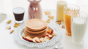 Preview wallpaper pancakes, fruits, juice, breakfast, aesthetics