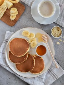 Preview wallpaper pancakes, honey, bananas, coffee, breakfast