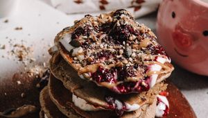 Preview wallpaper pancakes, jam, nuts, breakfast, dessert