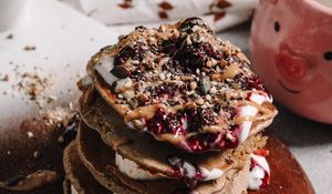 Preview wallpaper pancakes, jam, nuts, breakfast, dessert