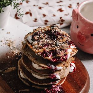Preview wallpaper pancakes, jam, nuts, breakfast, dessert