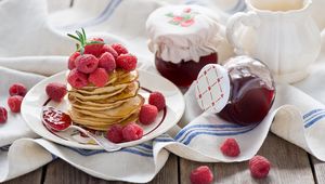 Preview wallpaper pancakes, jam, raspberry, crockery