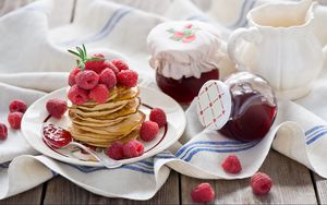 Preview wallpaper pancakes, jam, raspberry, crockery