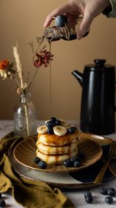 Preview wallpaper pancakes, pastries, berries, fruits, watering, breakfast, dessert