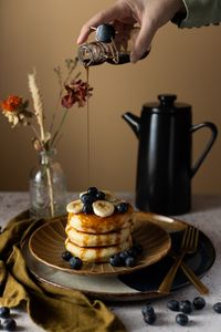 Preview wallpaper pancakes, pastries, berries, fruits, watering, breakfast, dessert