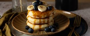 Preview wallpaper pancakes, pastries, berries, fruits, watering, breakfast, dessert