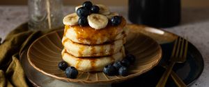 Preview wallpaper pancakes, pastries, berries, fruits, watering, breakfast, dessert