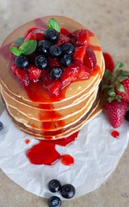 Preview wallpaper pancakes, pastries, berries, fruits, breakfast, dessert