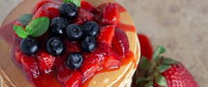 Preview wallpaper pancakes, pastries, berries, fruits, breakfast, dessert