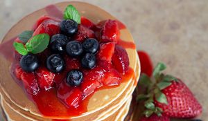 Preview wallpaper pancakes, pastries, berries, fruits, breakfast, dessert