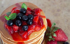 Preview wallpaper pancakes, pastries, berries, fruits, breakfast, dessert