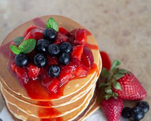 Preview wallpaper pancakes, pastries, berries, fruits, breakfast, dessert