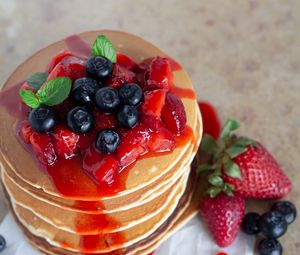 Preview wallpaper pancakes, pastries, berries, fruits, breakfast, dessert