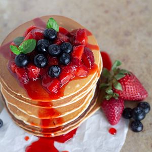 Preview wallpaper pancakes, pastries, berries, fruits, breakfast, dessert