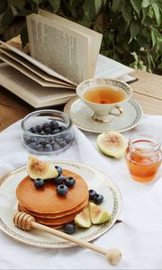 Preview wallpaper pancakes, pastries, fruits, tea, book, figs, blueberries