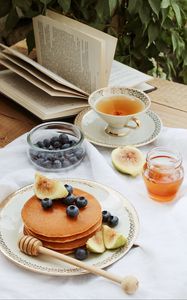 Preview wallpaper pancakes, pastries, fruits, tea, book, figs, blueberries