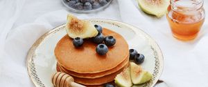 Preview wallpaper pancakes, pastries, fruits, tea, book, figs, blueberries