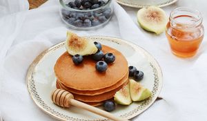 Preview wallpaper pancakes, pastries, fruits, tea, book, figs, blueberries