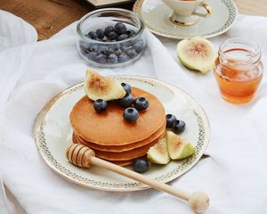 Preview wallpaper pancakes, pastries, fruits, tea, book, figs, blueberries