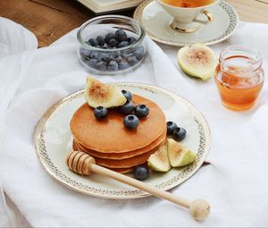 Preview wallpaper pancakes, pastries, fruits, tea, book, figs, blueberries