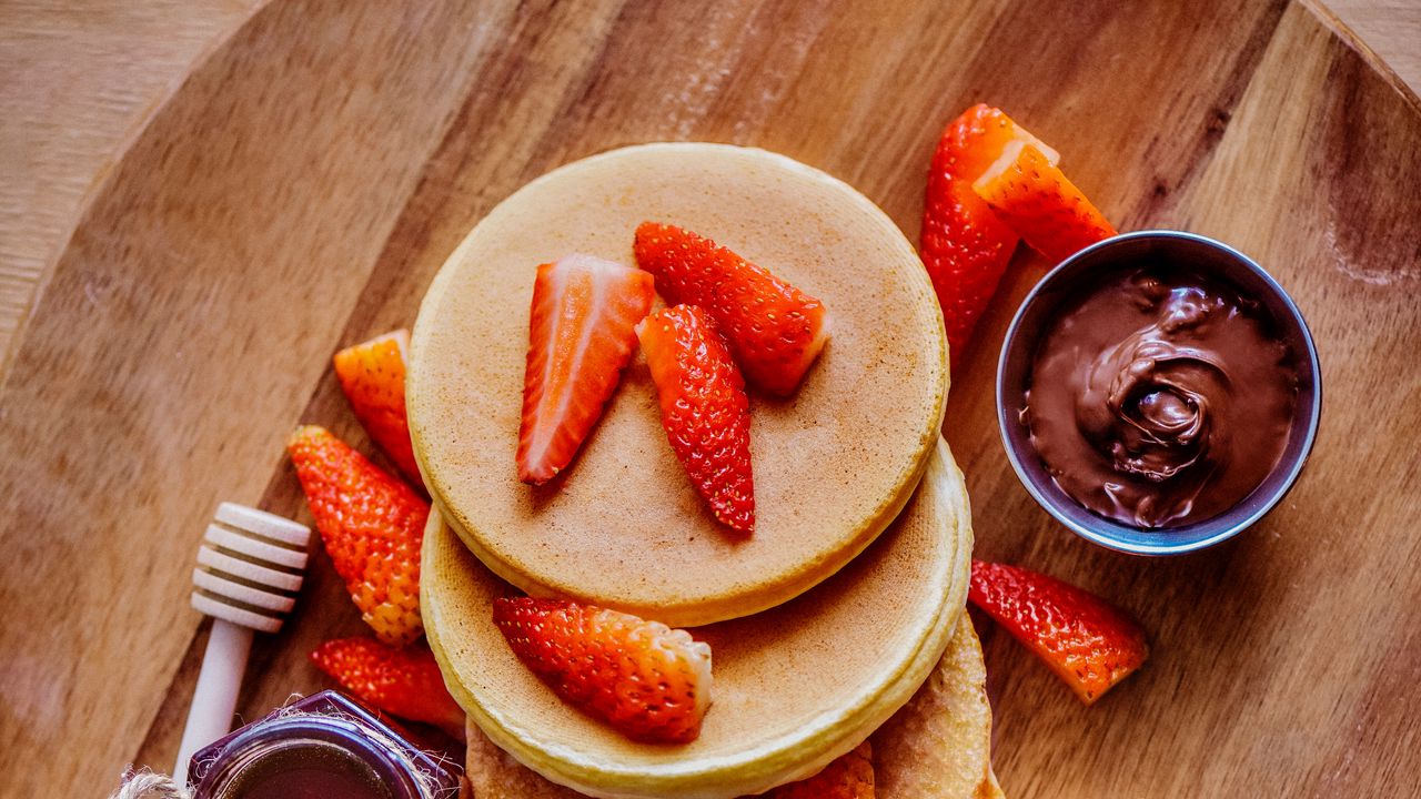 Wallpaper pancakes, pastries, fruits, strawberries, chocolate, board