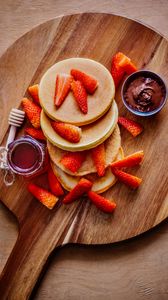 Preview wallpaper pancakes, pastries, fruits, strawberries, chocolate, board