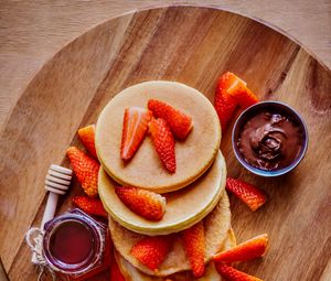Preview wallpaper pancakes, pastries, fruits, strawberries, chocolate, board