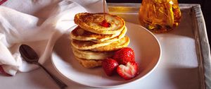 Preview wallpaper pancakes, strawberries, berries, honey, watering, breakfast, dessert