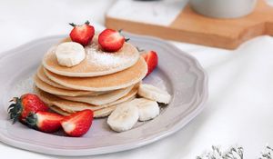 Preview wallpaper pancakes, strawberry, banana, breakfast, dessert