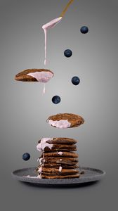 Preview wallpaper pancakes, yogurt, blueberries, berries, plate