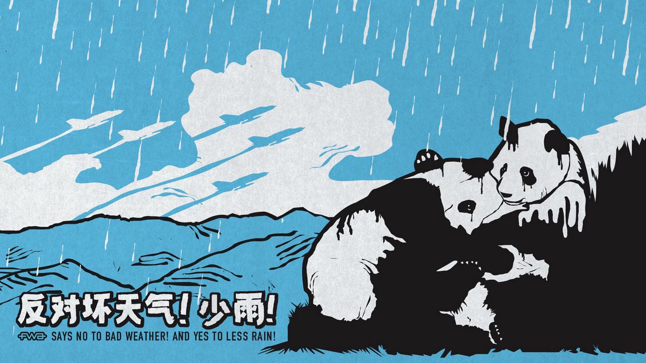 Wallpaper panda, couple, white, blue, rain