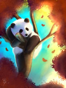 Preview wallpaper panda, cute, tree, art, colorful