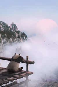 Preview wallpaper panda, mountains, fog, clouds, nature