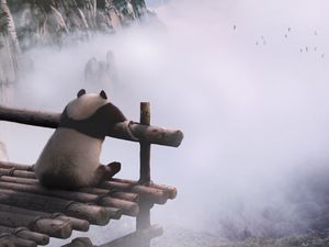 Preview wallpaper panda, mountains, fog, clouds, nature