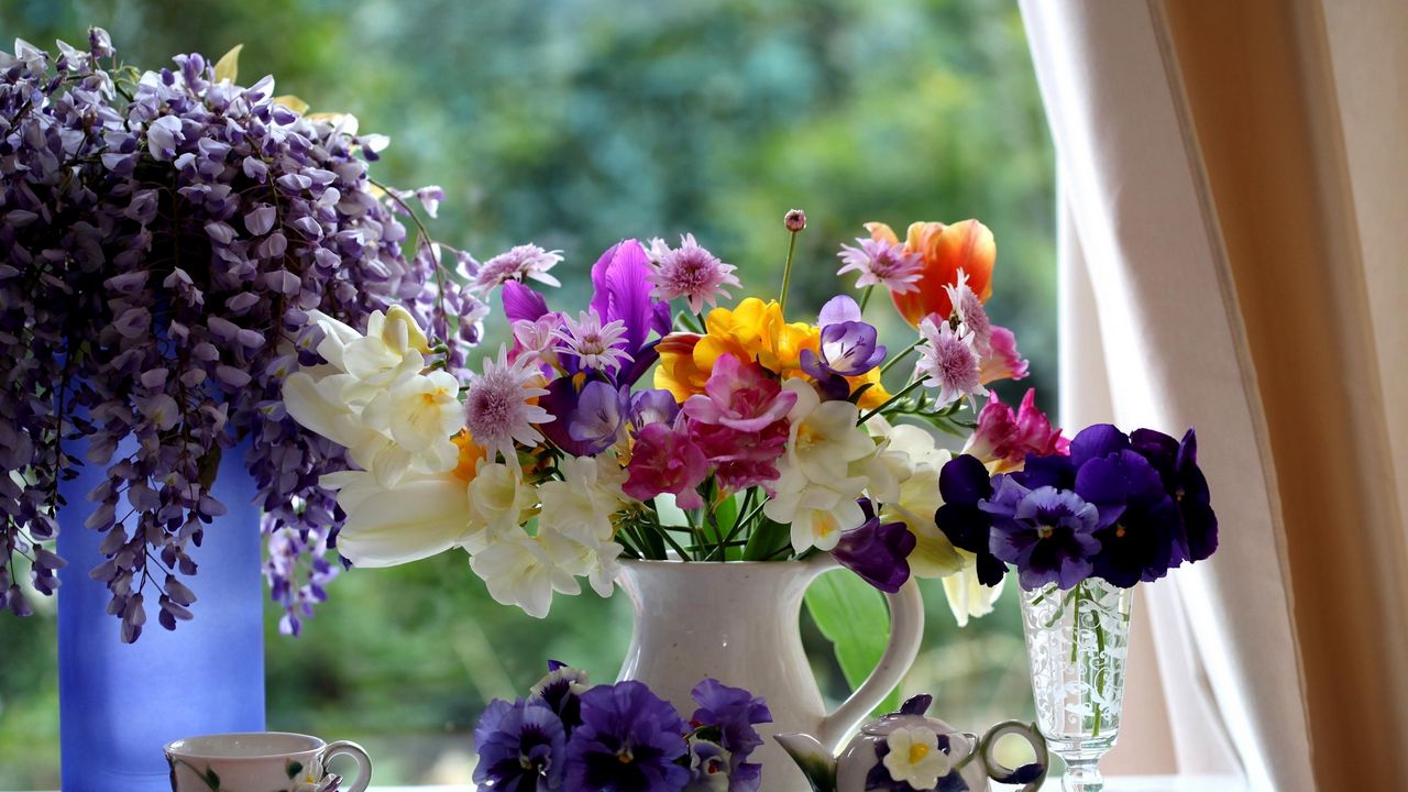 Wallpaper pansies, freesia, tulips, wisteria, flowers, pitcher, porcelain