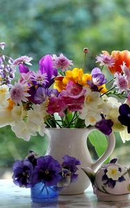 Preview wallpaper pansies, freesia, tulips, wisteria, flowers, pitcher, porcelain