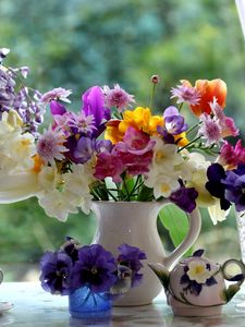 Preview wallpaper pansies, freesia, tulips, wisteria, flowers, pitcher, porcelain