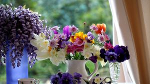 Preview wallpaper pansies, freesia, tulips, wisteria, flowers, pitcher, porcelain