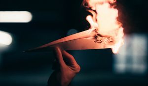 Preview wallpaper paper plane, fire, hand, dark